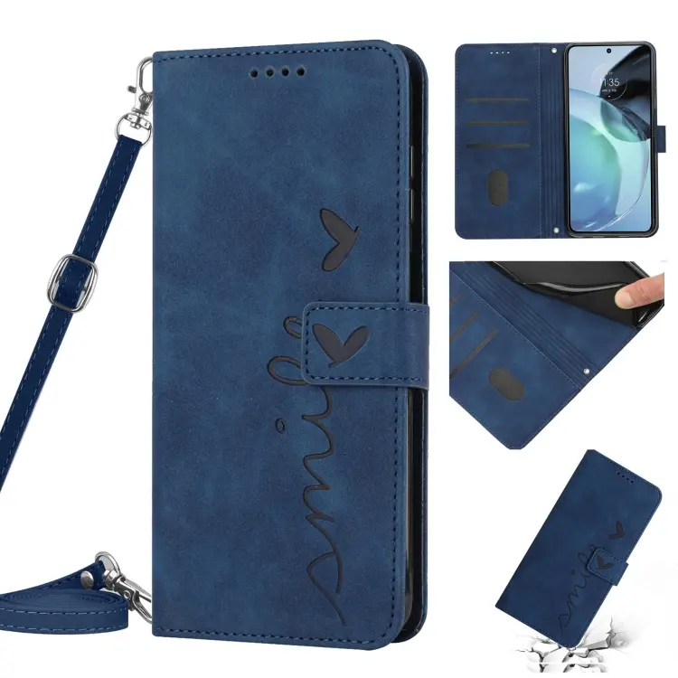 For Motorola Moto G72 Skin Feel Heart Pattern Leather Phone Case with Lanyard(Blue)