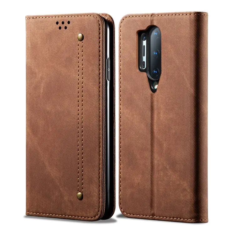 For OnePlus 8 Pro Denim Texture Casual Style Horizontal Flip Leather Case with Holder & Card Slots & Wallet(Brown)