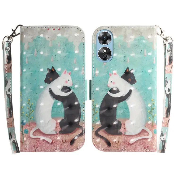 For OPPO A17 3D Colored Pattern Flip Leather Phone Case(Black White Cat)