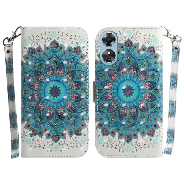 For OPPO A17 3D Colored Pattern Flip Leather Phone Case(Peacock Wreath)