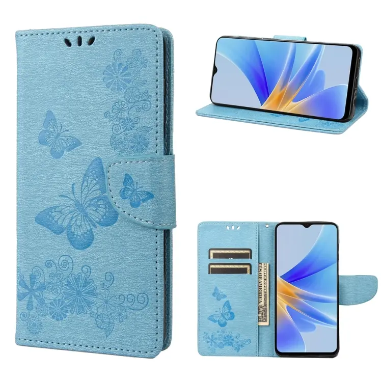 For OPPO A17 Butterfly Embossed Horizontal Flip Leather Phone Case(Blue)