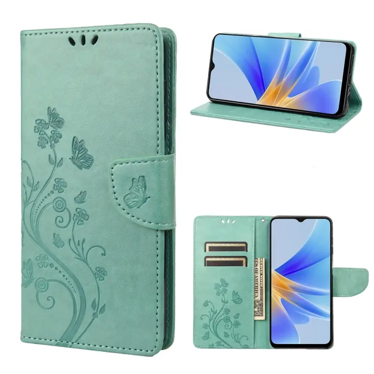 For OPPO A17 Butterfly Flower Pattern Leather Phone Case(Green)