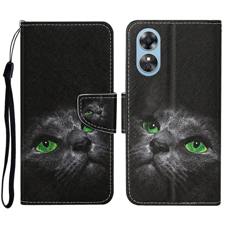 For OPPO A17 Colored Drawing Pattern Leather Phone Case(Black Cat)