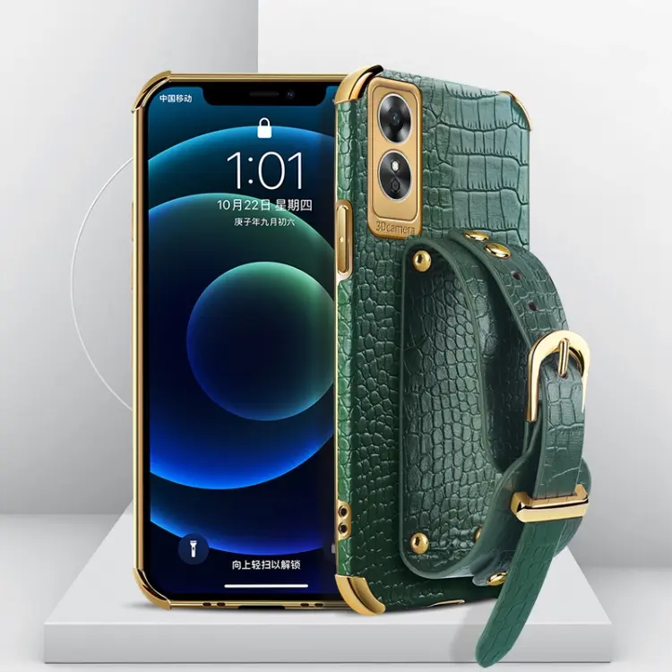 For OPPO A17 Electroplated TPU Crocodile Pattern Leather Case with Wrist Strap(Green)