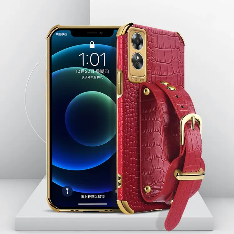 For OPPO A17 Electroplated TPU Crocodile Pattern Leather Case with Wrist Strap(Red)