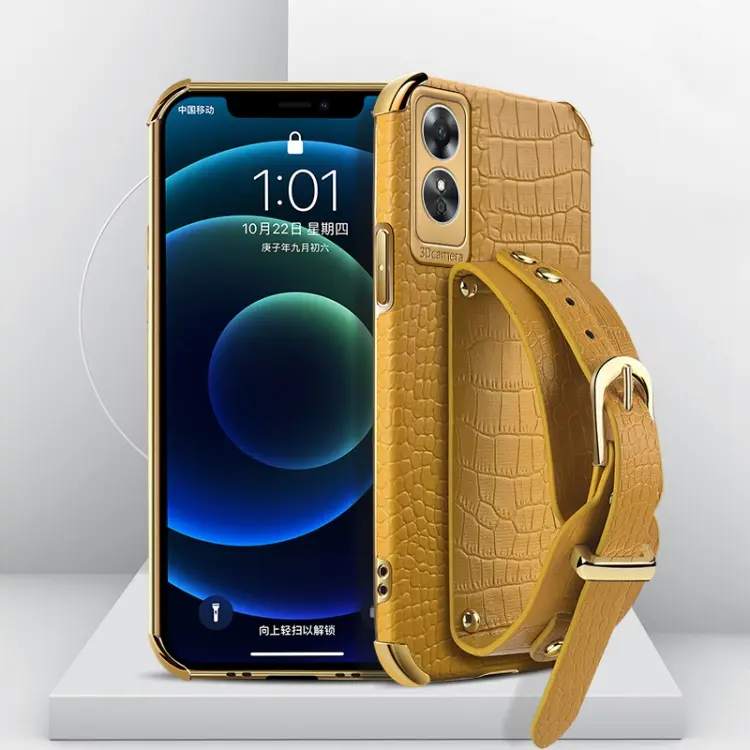 For OPPO A17 Electroplated TPU Crocodile Pattern Leather Case with Wrist Strap(Yellow)