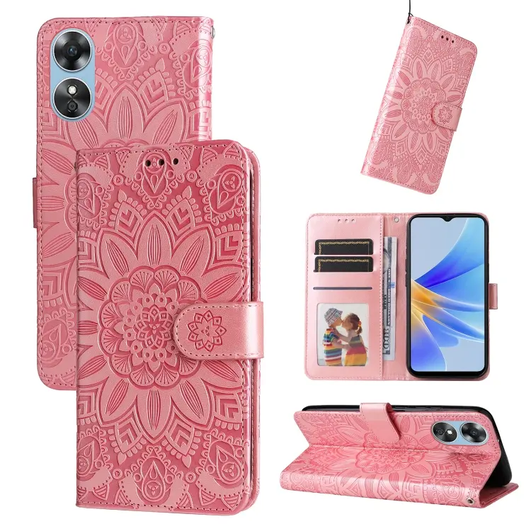 For OPPO A17 Embossed Sunflower Leather Phone Case(Rose Gold)