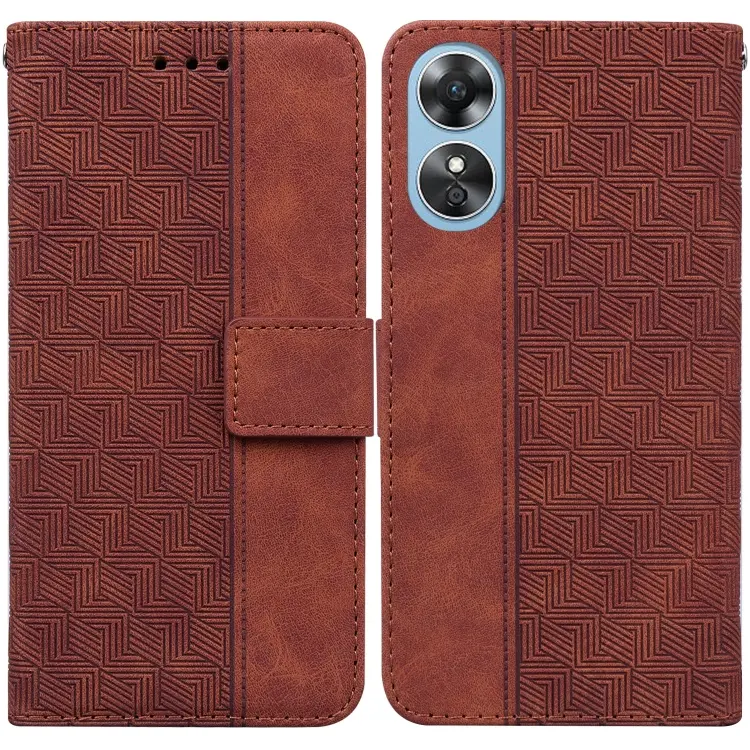For OPPO A17 Geometric Embossed Flip Leather Phone Case(Brown)