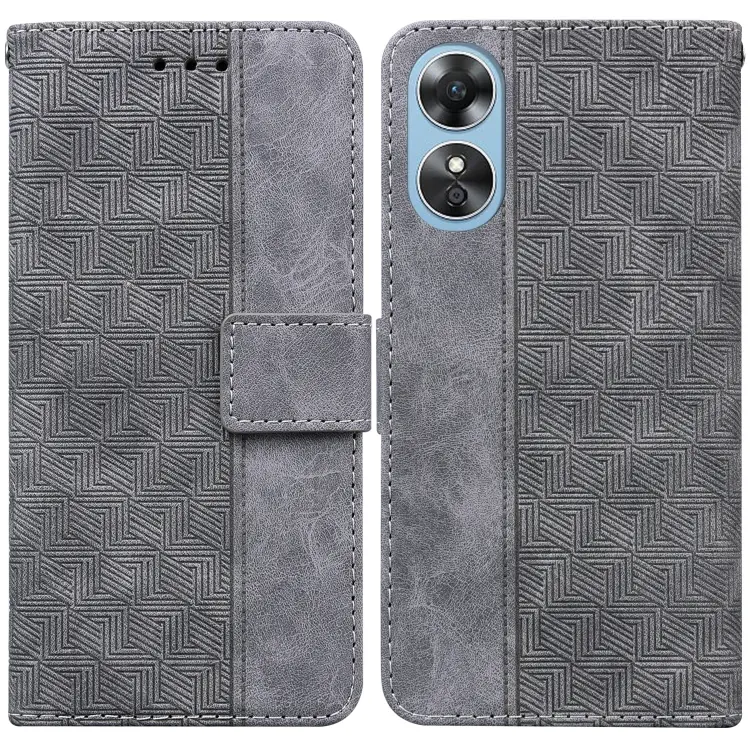 For OPPO A17 Geometric Embossed Flip Leather Phone Case(Grey)