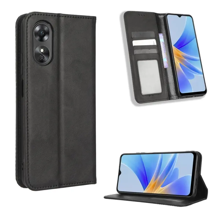 For OPPO A17 Magnetic Buckle Retro Texture Leather Phone Case(Black)