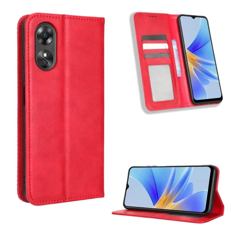 For OPPO A17 Magnetic Buckle Retro Texture Leather Phone Case(Red)