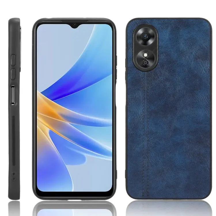 For OPPO A17 Sewing Cow Pattern Skin PC + PU + TPU Phone Case(Blue)