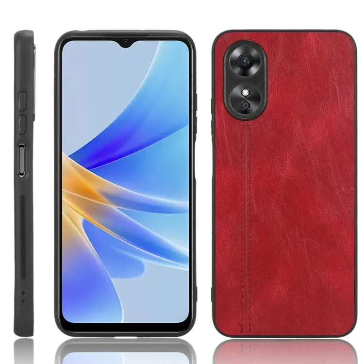 For OPPO A17 Sewing Cow Pattern Skin PC + PU + TPU Phone Case(Red)