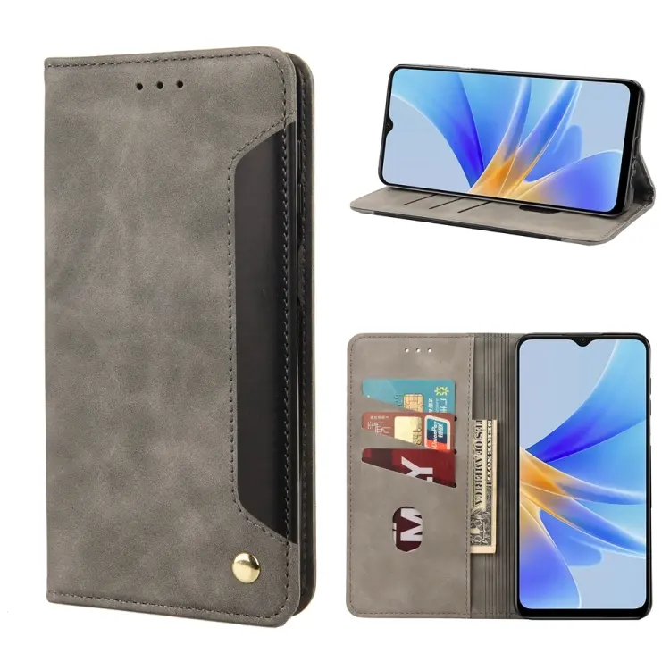 For OPPO A17 Skin Feel Splicing Leather Phone Case(Grey)