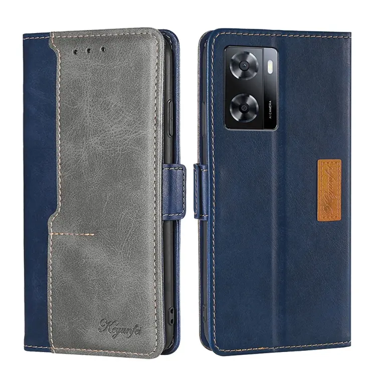 For OPPO A57s 4G / A57e 4G Contrast Color Side Buckle Leather Phone Case(Blue+Grey)