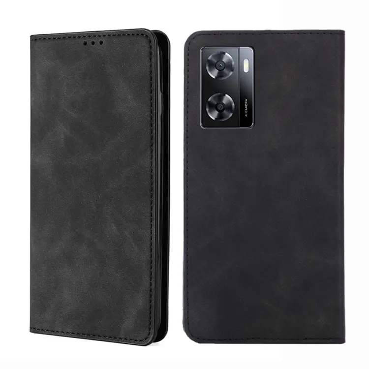 For OPPO A57s 4G / A57e 4G Skin Feel Magnetic Flip Leather Phone Case(Black)