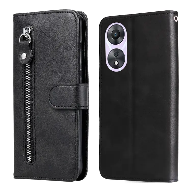 For OPPO A58 5G Calf Texture Zipper Leather Phone Case(Black)