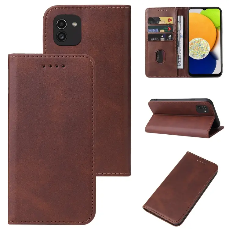 For Samsung Galaxy A03 EU 166.5mm Magnetic Closure Leather Phone Case(Brown)