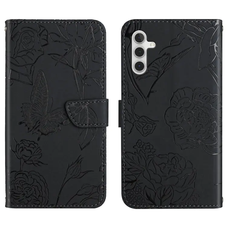 For Samsung Galaxy A04s HT03 Skin Feel Butterfly Embossed Flip Leather Phone Case(Black)
