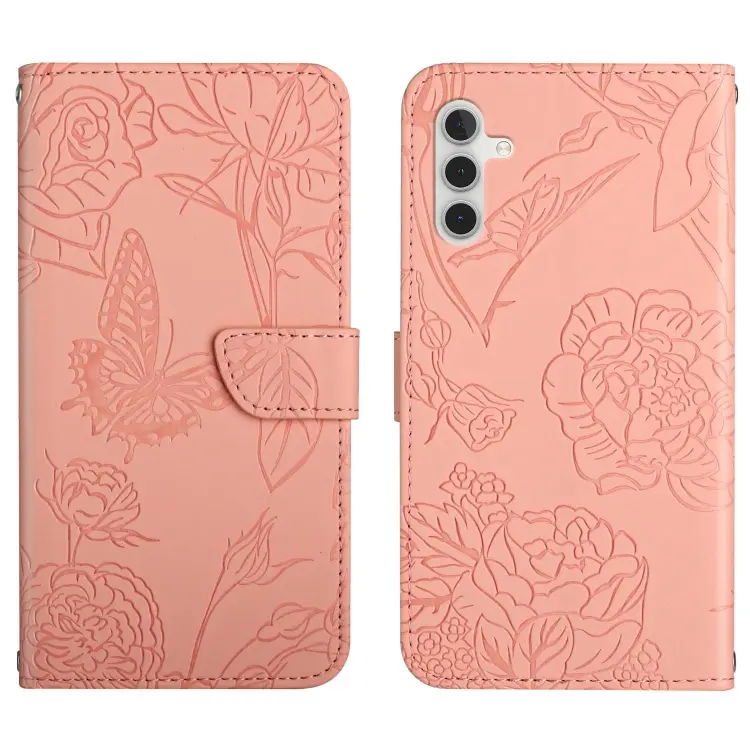 For Samsung Galaxy A04s HT03 Skin Feel Butterfly Embossed Flip Leather Phone Case(Pink)