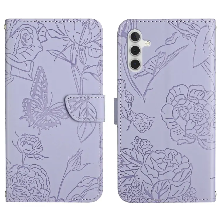 For Samsung Galaxy A04s HT03 Skin Feel Butterfly Embossed Flip Leather Phone Case(Purple)
