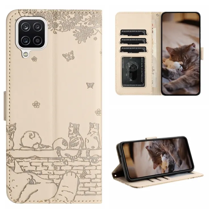 For Samsung Galaxy A12 Cat Embossing Pattern Leather Phone Case with Lanyard(Beige)