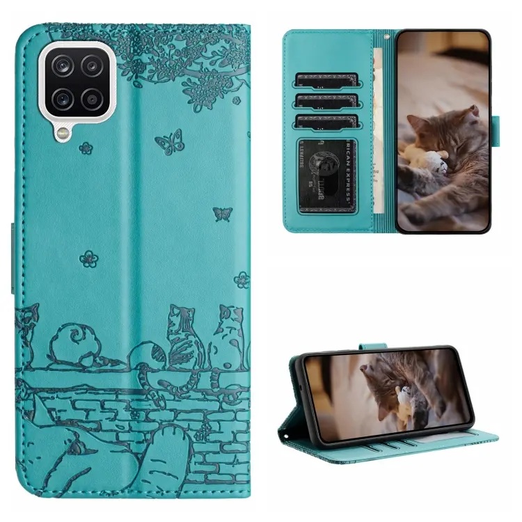 For Samsung Galaxy A12 Cat Embossing Pattern Leather Phone Case with Lanyard(Blue)