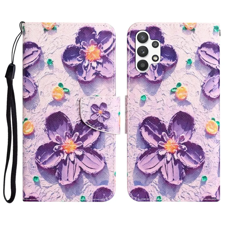 For Samsung Galaxy A13 4G Colored Drawing Leather Phone Case(Purple Flower)