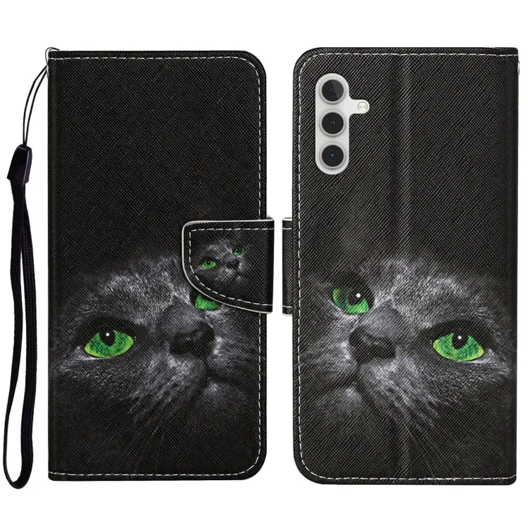 For Samsung Galaxy A14 5G Colored Drawing Pattern Leather Phone Case(Black Cat)