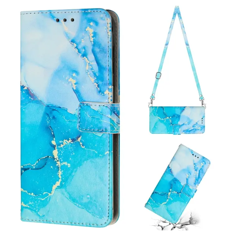 For Samsung Galaxy A14 5G Crossbody Painted Marble Pattern Leather Phone Case(Blue Green)