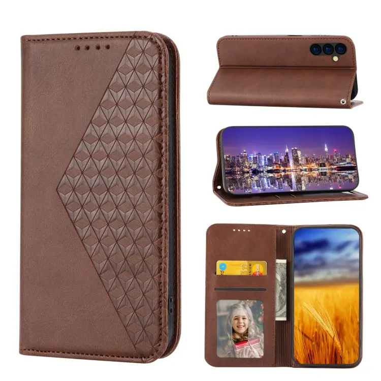 For Samsung Galaxy A14 5G Cubic Grid Calf Texture Magnetic Closure Leather Phone Case(Brown)