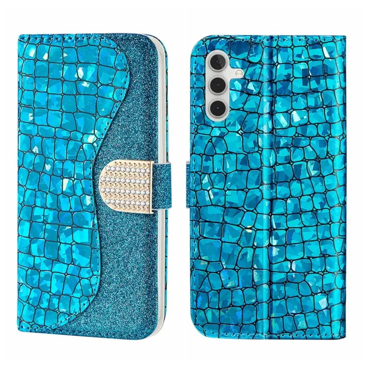 For Samsung Galaxy A14 5G Laser Glitter Powder Crocodile Texture Leather Phone Case(Blue)