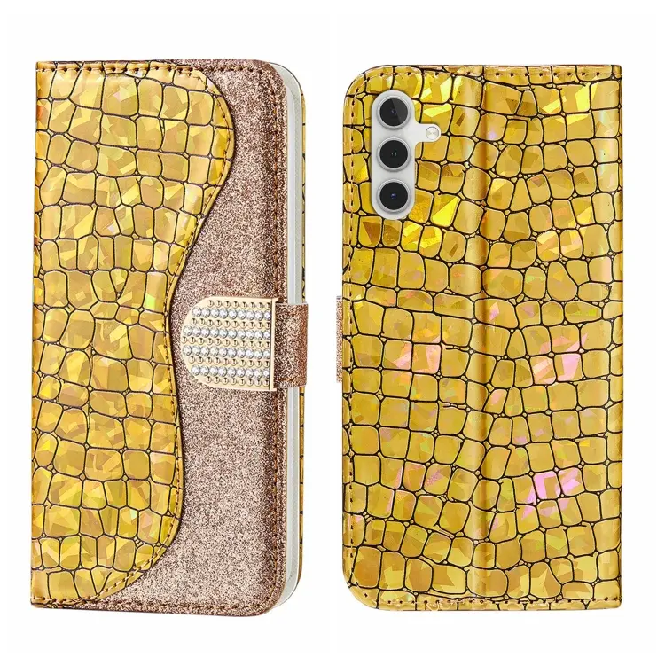 For Samsung Galaxy A14 5G Laser Glitter Powder Crocodile Texture Leather Phone Case(Gold)