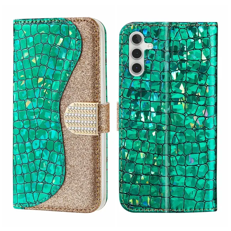 For Samsung Galaxy A14 5G Laser Glitter Powder Crocodile Texture Leather Phone Case(Green)