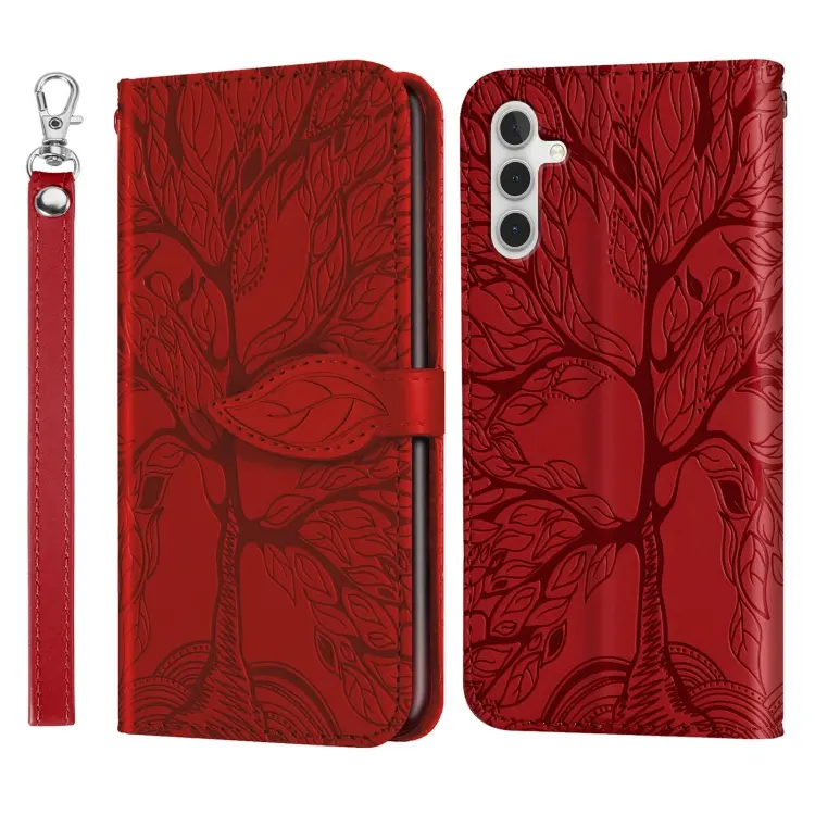 For Samsung Galaxy A14 5G Life Tree Embossing Pattern Leather Phone Case(Red)