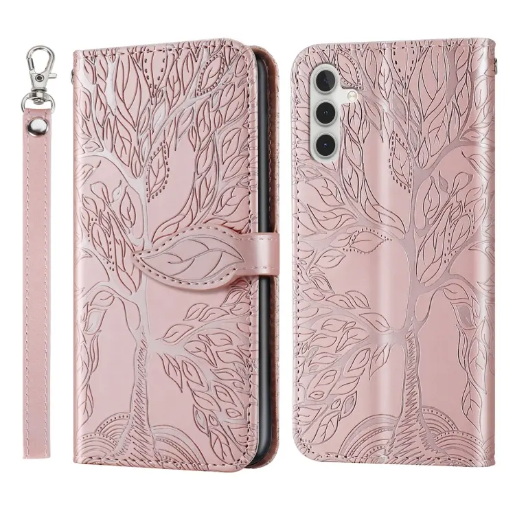 For Samsung Galaxy A14 5G Life Tree Embossing Pattern Leather Phone Case(Rose Gold)