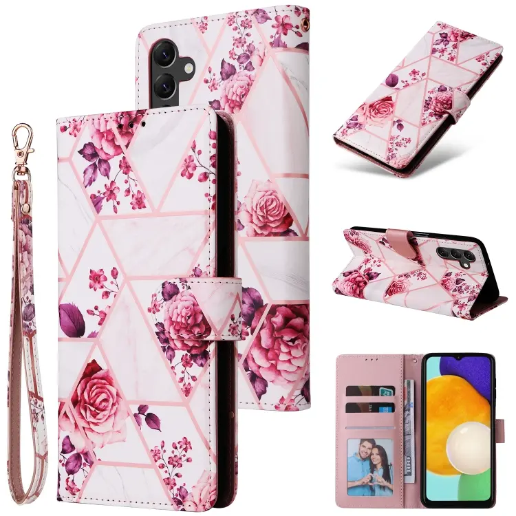 For Samsung Galaxy A14 5G Marble Bronzing Stitching Leather Phone Case(Rose Gold)