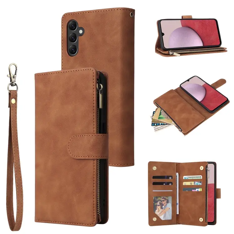 For Samsung Galaxy A14 5G Multifunctional Frosted Zipper Wallet Leather Phone Case(Brown)