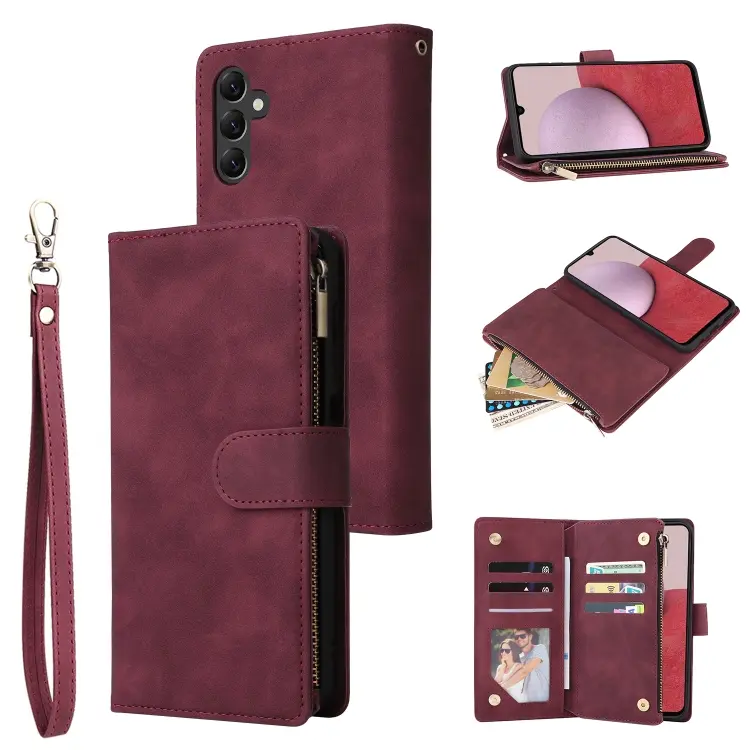 For Samsung Galaxy A14 5G Multifunctional Frosted Zipper Wallet Leather Phone Case(Wine Red)