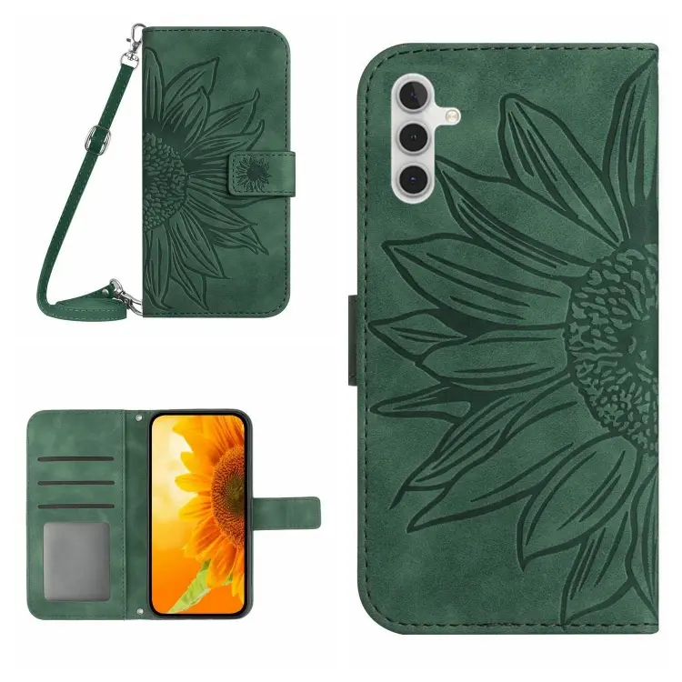For Samsung Galaxy A14 5G Skin Feel Sun Flower Pattern Flip Leather Phone Case with Lanyard(Green)