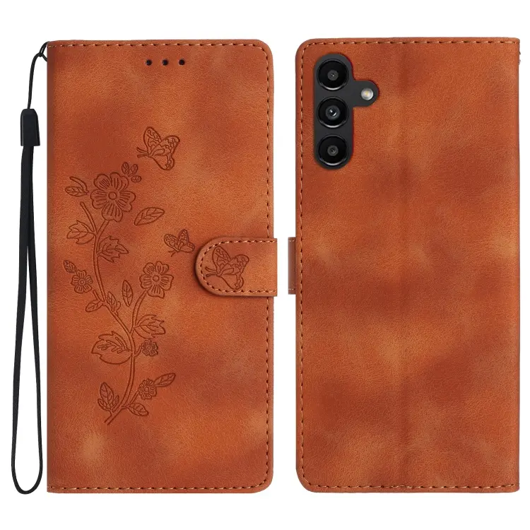 For Samsung Galaxy A15 Flower Butterfly Embossing Pattern Leather Phone Case(Brown)