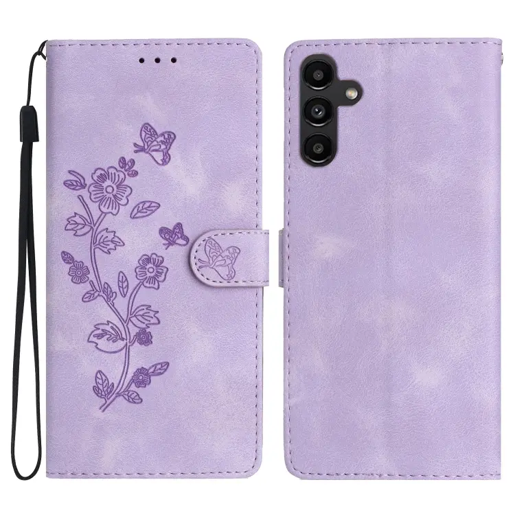 For Samsung Galaxy A15 Flower Butterfly Embossing Pattern Leather Phone Case(Purple)