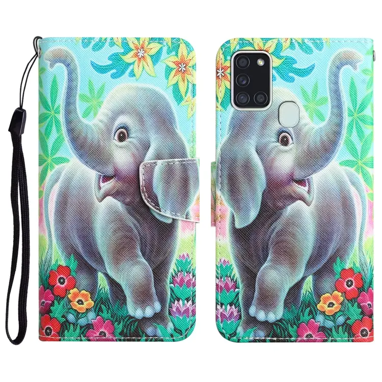 For Samsung Galaxy A21s Colored Drawing Leather Phone Case(Elephant)