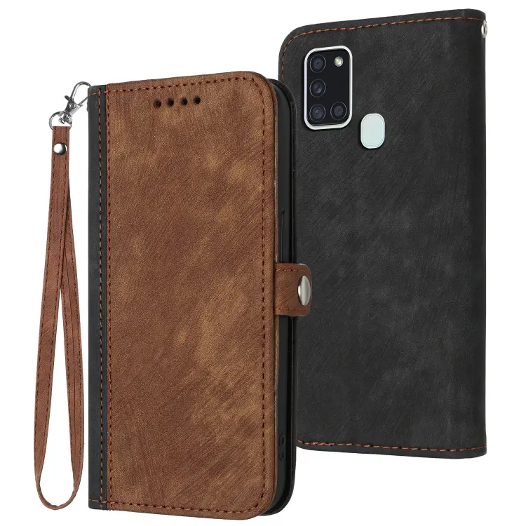 For Samsung Galaxy A21s Side Buckle Double Fold Hand Strap Leather Phone Case(Brown)