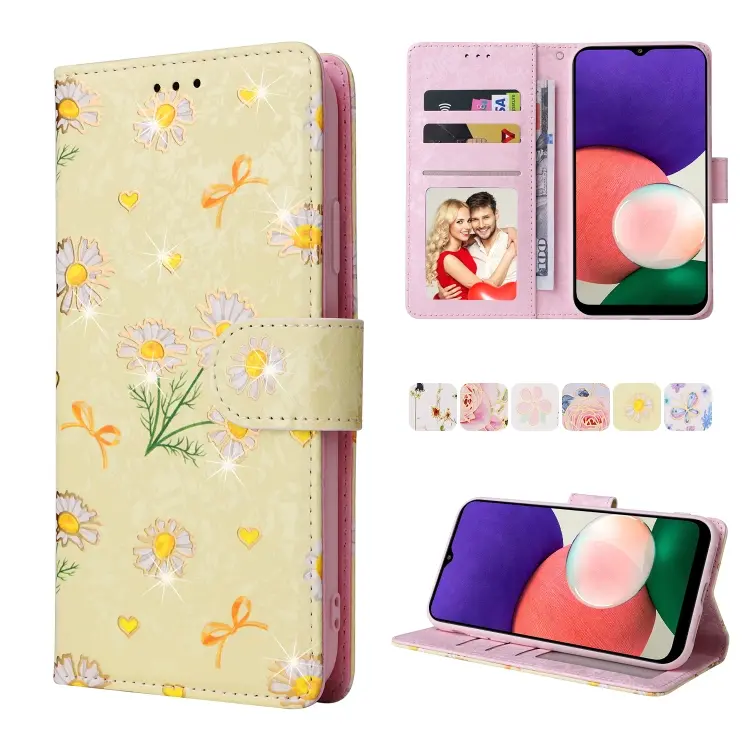 For Samsung Galaxy A22 5G Bronzing Painting RFID Leather Case(Yellow Daisy)