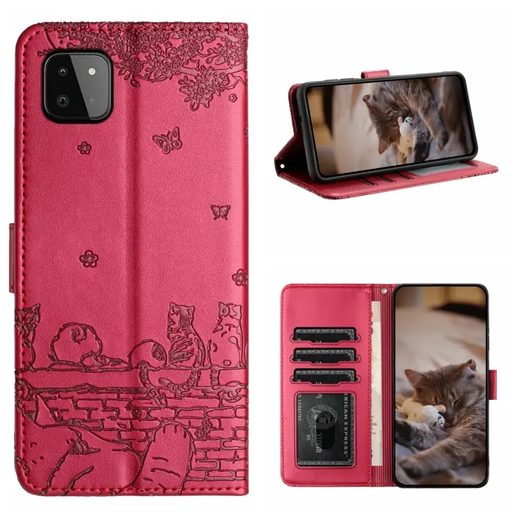 For Samsung Galaxy A22 5G Cat Embossing Pattern Leather Phone Case with Lanyard(Red)