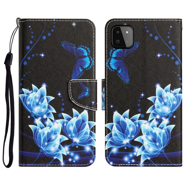 For Samsung Galaxy A22 5G Colored Drawing Leather Phone Case(Blue Butterfly)