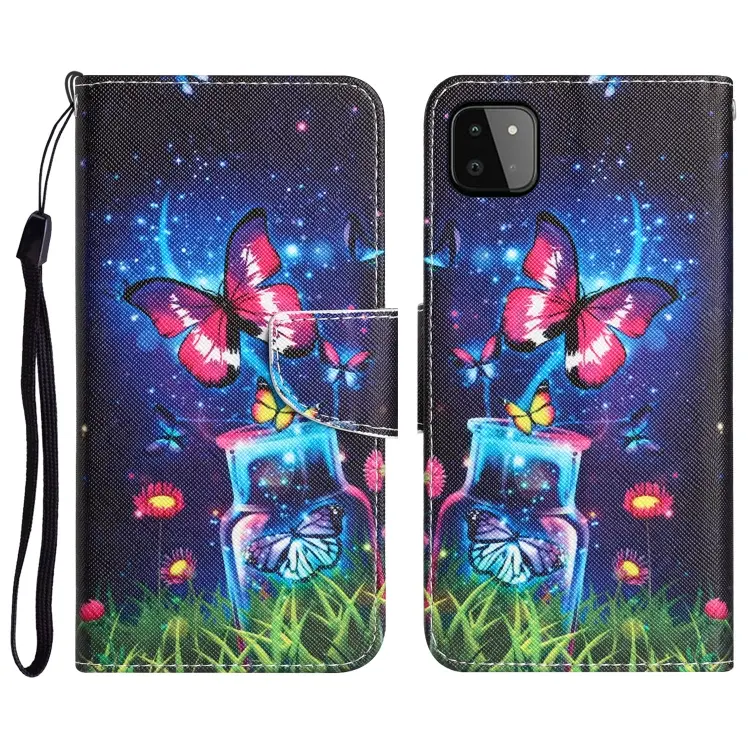 For Samsung Galaxy A22 5G Colored Drawing Leather Phone Case(Bottle Butterfly)