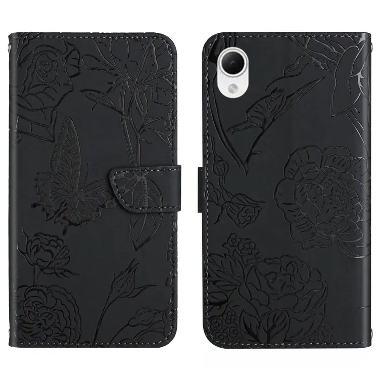 For Samsung Galaxy A23 5G JP Version HT03 Skin Feel Butterfly Embossed Flip Leather Phone Case(Black)