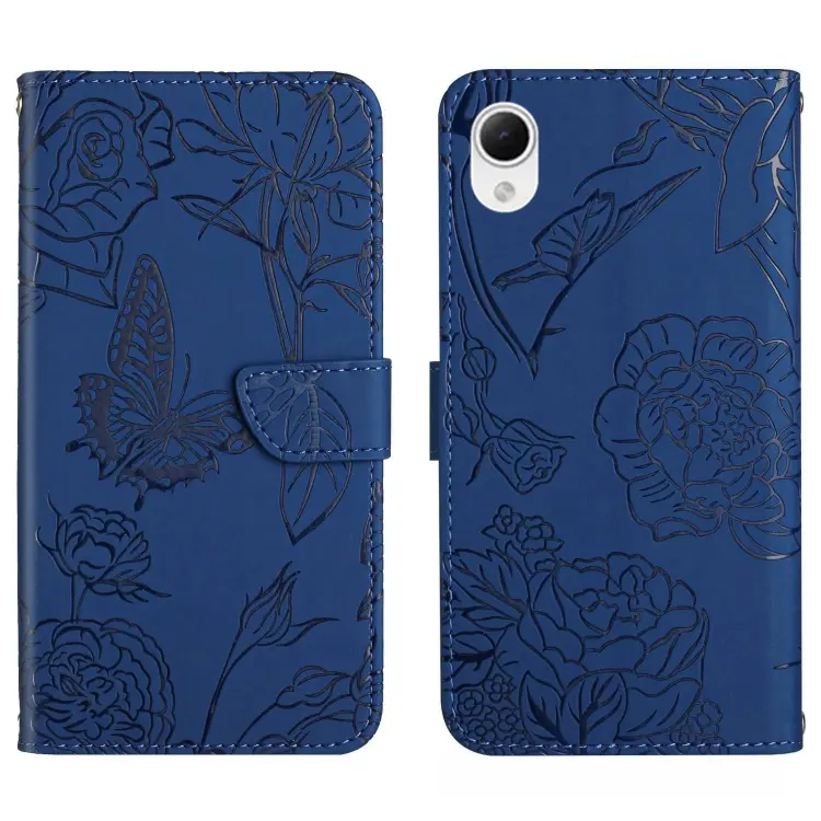 For Samsung Galaxy A23 5G JP Version HT03 Skin Feel Butterfly Embossed Flip Leather Phone Case(Blue)
